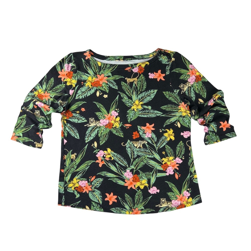 Charter Club Womens XS Black Supima Cotton Tropical Jungle Tiger Boat Neck‎ Top